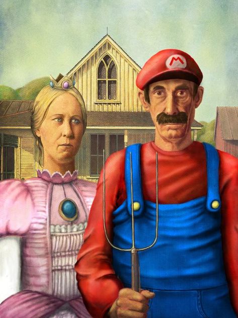 American Gothic - Mushroom Kingdom Gothic American Gothic Painting, American Gothic House, American Gothic Parody, Grant Wood American Gothic, Gothic Painting, Mushroom Kingdom, Grant Wood, American Gothic, Famous Artwork