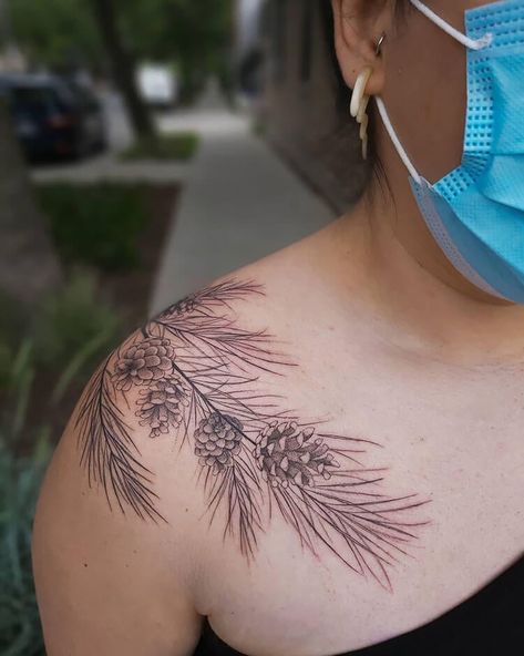 Forest Mandala Tattoo, Forest Shoulder Tattoo For Women, Winter Owl Tattoo, Tattoos Nature Earthy, Winter Sleeve Tattoo, Winter Tattoo Ideas Nature, Shoulder Nature Tattoo, Tamarack Tattoo, Winter Floral Tattoo