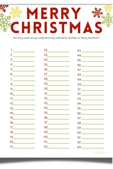 Make as many different words as you can using the letters in the words Merry Christmas. This is a word game challenge for the whole family. Use the Merry Christmas (FREE printable) word game with anyone that loves to play word games and is looking to have lots of fun this holiday season. See how many words YOU can make from "Merry Christmas"? Printable Word Games, Free Christmas Games, Merry Christmas Printable, Students Christmas, Printable Christmas Games, Fun Christmas Games, Dollar Store Halloween, Free Printable Games, Holiday Puzzle