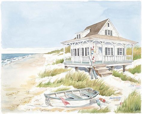 Beach Cottage Seaside Drawing, Beach House Drawing, House On The Beach, Beach Drawing, Beach Themed Bedroom, Cottage Painting, Country Cottage Decor, Cottage By The Sea, Beach Watercolor