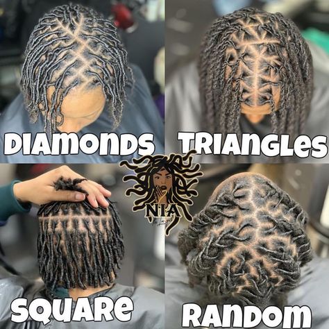 Nia The LocGod 🐐🤴🏽👭🏳️‍🌈 on Instagram: “WHICH PARTS ARE YOUR FAVORITE?!?! SQUARE, DIAMOND, TRIANGLE or RANDOM?!? AND WHY?!?!!‼️‼️ IF NOT THESE PARTS WHICH ONES DO YOU LIKE?!?!?…” Hairstyles For Short Starter Locs For Women, Random Part Locs, Starter Locs For Long Hair, Diamond Locs, Starter Locs Parting Patterns, Diamond Parts Locs, Two Strand Twist Starter Locs, Loc Crown, Locs Ideas