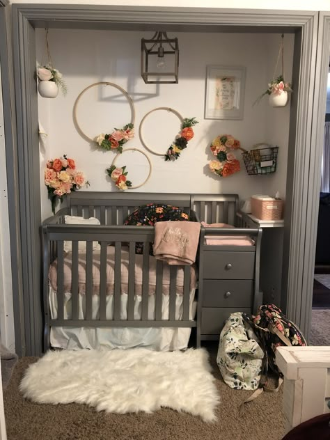 Boho Nursery Small Space, Small Area Nursery Ideas, Nursery In Closet Ideas, Mini Crib Closet Nursery, Closet Nursery Ideas Small Spaces, Nursery For Small Room, Small Nursery Themes, Closet Turned Into Nursery, Nursery Nook In Closet