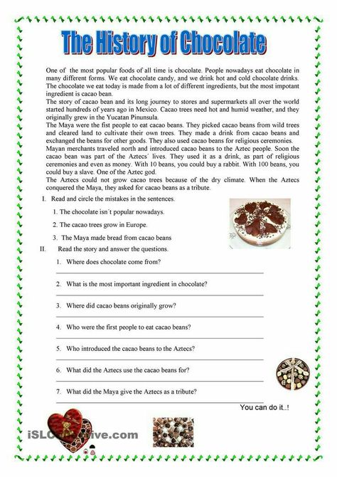 Funny Worksheets, Esl Reading Comprehension, Free Reading Comprehension Worksheets, Reading Comprehension Texts, Spanish Reading Comprehension, History Of Chocolate, Esl Reading, Reading Comprehension Lessons, Spanish Reading