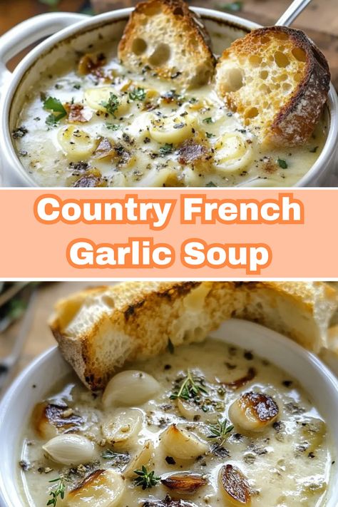 Warm up with this delicious Country French Garlic Soup, a classic blend of roasted garlic and onions. This hearty Country French Garlic Onion Soup is packed with yummy flavors, perfect for chilly nights or family dinners. Rich, aromatic, and easy to make, this comforting soup is a must-try for garlic lovers craving authentic French warmth in a bowl. Food Recipes When Sick, Pure Soup Recipes, Thick Soup Recipes, Sick Soup Recipes, Cold Day Meals, Soup When Sick, Soups Ideas, Garlic Soup Recipe, Healing Soups