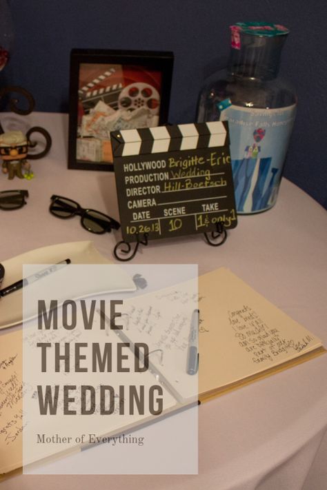 Movie Themed wedding Movie Theme Engagement Party, Movie Themed Guest Book, Wedding Ideas Movie Theme, Movie Premiere Wedding Theme, Movie Bridal Shower Theme, Movie Themed Bridal Shower Ideas, Movie Themed Wedding Centerpieces, Movie Theme Wedding Ideas, Film Theme Wedding