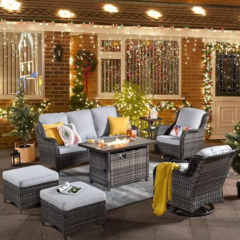 XIZZI Patio Furniture Sets Outdoor Swivel Rocking Chairs with 50,000 BTU Propane Fire Pit Table 7 Pieces All Weather PE Wicker Patio Conversation Sofa and Matching Side Table,Grey Rattan Grey Cushion 2 Ottomans, Modern Swivel Chair, Swivel Rocking Chair, Propane Fire Pit Table, Rocking Chair Set, Outdoor Patio Furniture Sets, Balcony Furniture, Wicker Sofa, Corner Table