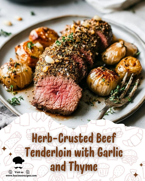 Indulge in the exquisite flavors of herb-crusted beef tenderloin with garlic and thyme. Elevate your next meal with this elegant, mouthwatering dish. Herb Crusted Beef Tenderloin, Crusted Beef Tenderloin, Whole Beef Tenderloin, Beef Tenderloin Recipes, Beef Fillet, Tenderloin Recipes, Simple Dinner, Beef Tenderloin, Thyme