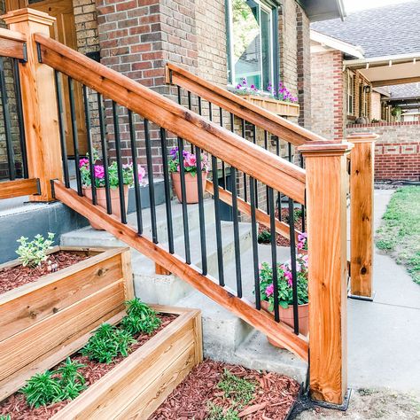 Cedar And Iron Porch Rails, Front Porch With Iron Railing, Cedar Front Steps, Large Front Steps Porch Ideas, Raised Front Porch Design, Front Porch Screening Ideas, Stoop Railing Ideas, How To Make A Front Porch, Cedar Steps Front Porches