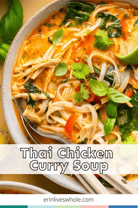 My Thai chicken curry soup will keep your belly warm and satisfied through the cold season. It’s made with creamy coconut milk, Thai red curry paste, and fresh herbs for an explosion of flavor! Added chicken breast and rice noodles help create a balanced one-pot meal. Chicken Curry Rice Soup, Crockpot Thai Coconut Curry Chicken, Cold Season Food, Thai Chicken Curry Soup Coconut Milk, Thai Curry Noodles Coconut Milk, Easy Thai Chicken Curry Soup, Healthy Thai Soup, Thai Curry Chicken Soup, Soups With Chicken Breast