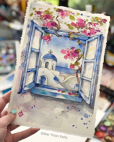 Greek window view watercolour architecture art by artist Sillier Than Sally (Sally Walsh) Colourful fine art prints for your home Watercolor Window, Window With A View, Greece Print, Colourful Watercolour, Greece Painting, Blue Window, Window Drawing, Learn Watercolor Painting, Travel Art Journal