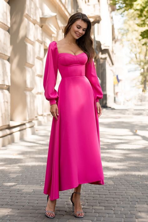 Magenta Bridesmaid, Magenta Bridesmaid Dresses, Bridesmaid Dress With Sleeves, Crimson Dress, Fuschia Dress, Bridesmaid Dresses With Sleeves, Backless Midi Dress, Wear Store, Sweetheart Dress