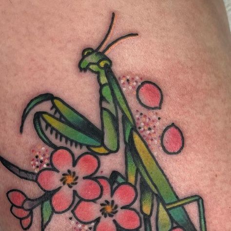 Kurt Brecheis Jr. on Instagram: "praying mantis on Amy 🌸" Praying Mantis Tattoo Traditional, Praying Mantis Tattoo Simple, Orchid Mantis Tattoo, Praying Mantis Tattoo, Impulsive Decisions, Mantis Tattoo, Sick Tattoos, Orchid Mantis, Insect Tattoo