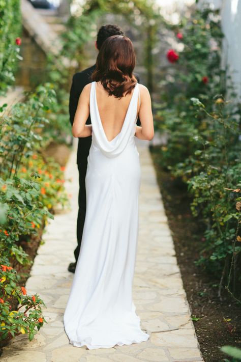 Bel-Air Ballroom Wedding with Shades of Green – Style Me Pretty Wedding Dress With Drape Back, Dress With Draped Back, Wedding Dress Cowl Back, Draped Back Dress, Draped Back Wedding Dress, Backless Satin Wedding Dress, Drape Back Wedding Dress, Simple Wedding Dress Low Back, Satin Backless Wedding Dress