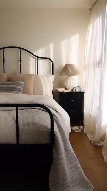 Sagstua Bed Ideas, Sagstua Bed, Rainy Thursday, Beige Bedding, Curtains Linen, Wimborne White, Apartment Goals, Parents Room, Small House Decorating