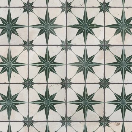 Merola Tile Kings 18" x 18" Ceramic Patterned Wall & Floor Tile | Wayfair Green Cabinets Star Backsplash, Star Peel And Stick Tile, Black Star Tile, Black And White Star Tile, Merola Tile Kings Star Nero, Star Tile, Fireplace Facade, Broken Bow, Green Flooring