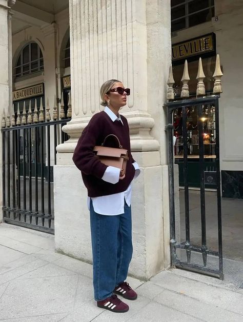 Red Outfit Aesthetic, Burgundy Jacket Outfit, Burgundy Sweater Outfit, Burgundy Shoes Outfit, Burgundy Outfits, Sneakers Outfit Spring, Classy Sneakers, Adidas Gazelle Outfit, Adidas Outfit Women