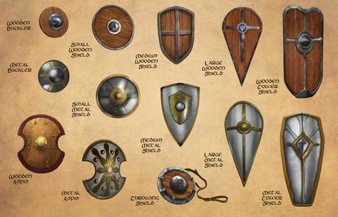 Accessorising Your Fantasy Warrior: Shields, Gauntlets, & Helms Types Of Shields, Heater Shield Medieval, Sheilds Dnd, Shield Types, Shield Design Concept, Dnd Shield, Shield Rpg, Shield Dnd, Fantasy Shields