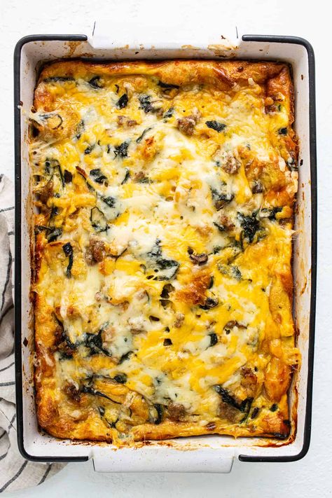 This classic breakfast strata is custardy and fluffy, and perfect for serving a crowd. Filled with Italian bread, sautéed veggies, ground breakfast sausage and tossed with a delicious egg custard. Enjoy! Ciabatta Breakfast Casserole, Strata Recipes Breakfast Overnight, Strada Recipe Breakfast, Breakfast Strata Recipes, Vegetable Strata, Ground Breakfast Sausage, Egg Strata, Strata Recipes Breakfast, Paleo Entrees