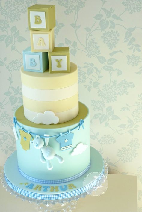 Cake For Baby, Designer Cake, Baby Shower Cakes For Boys, Baby Boy Cakes, Baptism Cake, Shower Bebe, Baby Shower Cupcakes, Cake Pictures, Baby Blocks