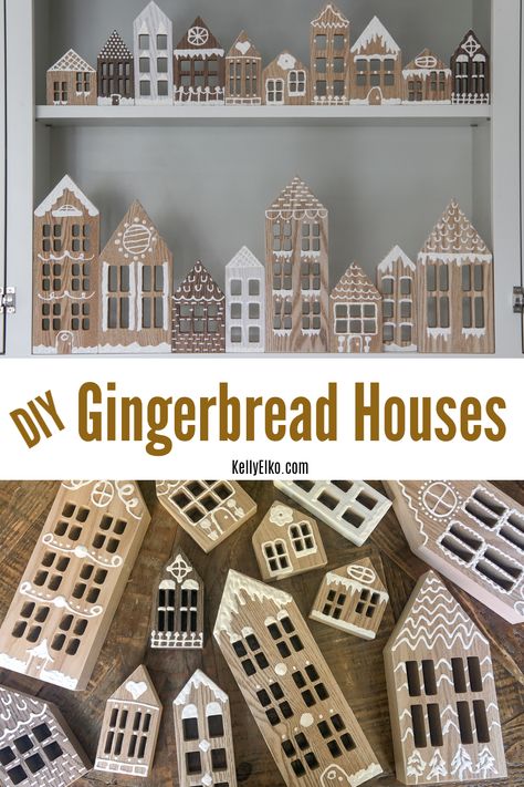 DIY Wood Gingerbread Houses kellyelko.com #christmas #christmascrafts #crafts #kidscrafts #diychristmas #christmasdecor #diychristmasdecor #farmhousechristmas Wood Block Gingerbread House, Wood House Village, Diy Wood Village Houses, Wood Houses Craft Christmas, Wood Block Houses Christmas, Diy Wood Houses Christmas, Diy Wooden Houses Christmas, Wooden House Christmas Decorations, Diy Wood Christmas Village