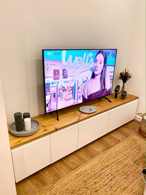 I wanted a long and large cabinet for my TV (it's 55") that wouldn't look too IKEA-ish, and I wanted it to have a real wood top. Ikea Tv Cabinet, Tv Cabinet Ikea, Ikea Tv Console, Ikea Entertainment Center, Ikea Tv Unit, Long Tv Stand, Ikea Tv Stand, Zimmer Diy, Ikea Tv