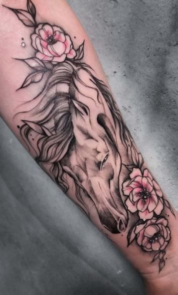 Horse Arm Tattoo, Horse Sleeve Tattoo, Small Horse Tattoos For Women, Horse And Flower Tattoo, Memorial Horse Tattoo, Horse Tattoos For Women, Horse Memorial Tattoo, Horse Tattoo Ideas For Women, Classy Tattoos For Women