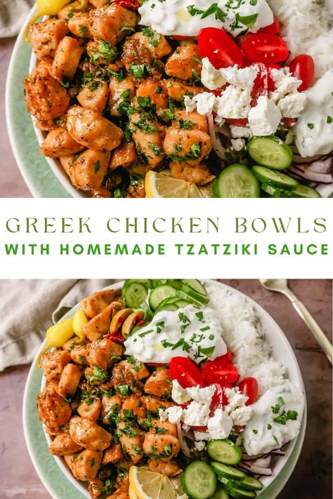 How to make the Best Greek Chicken Bowls. Grilled Greek Lemon Chicken, cucumber, tomatoes, red onion, kalamata olives, feta cheese, and homemade tzatziki sauce all in one bowl. A high-protein and low carb meal! Grilled Chicken Greek Bowl, Greek Chicken And Rice Recipes, High Protein Tzatziki Sauce, Hi Protein Dinner Ideas, Greek Chicken Taziki Bowl, What To Use Tzatziki Sauce With, Tzatziki Chicken Bowl, Mediterranean High Protein, Lemon Tzatziki Chicken Jamie Oliver