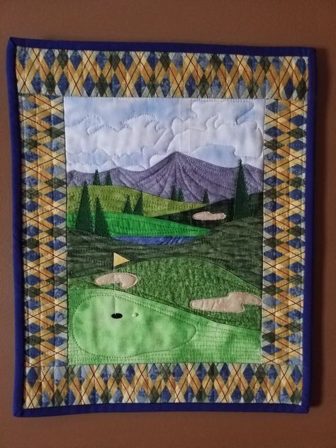 Dodie Golf Quilt Ideas, Golf Themed Quilts, How To Make A Landscape Quilt, Patchwork Landscape Quilts, Quilt Landscape Wall Hangings, Golf Quilt, Canadian Quilts, Golf Crafts, Golf Club Covers