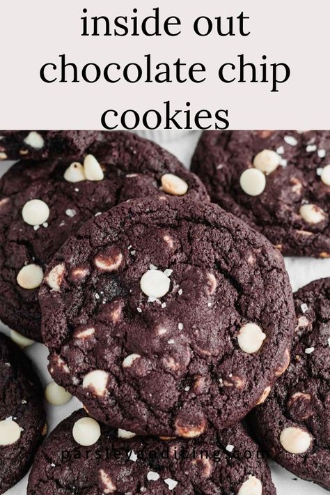 These inside out chocolate chip cookies are chewy and delicious! Cocoa and sweet white chocolate chips gives them a rich chocolate taste and warm cinnamon and vanilla adds even more flavor. Top them with flaky sea salt for that sweet-salty contrast! #cookies #cookierecipes #chocolatechipcookies Inside Out Chocolate Chip Cookies, Inside Out Cookies, Cookies With Cocoa Powder, White Chocolate Chips Recipes, Milk Chocolate Chip Cookies, White Chocolate Chip Cookies, Favorite Cookie Recipe, Cocoa Cookies, Chocolate Cookie Recipes