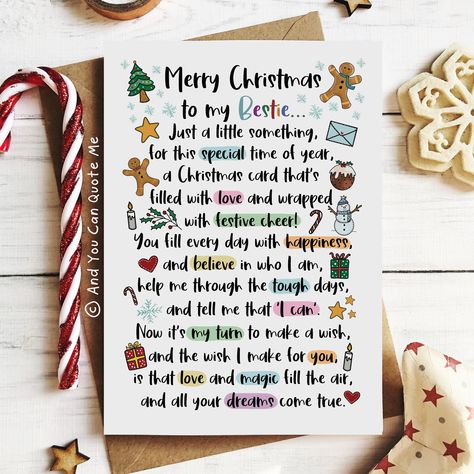 ❤️ © 'Christmas Dreams - Bestie' A6 Card (105mm x 148mm) ❤️ A unique card for a unique Bestie!  Featuring an original poem from And You Can Quote Me, unique, bold and colourful! Designed to send Christmas cheer and a little bit of magic to your Best Friend.  **ITEM DESCRIPTION** ♥︎Card Size A6 (105mm x 148mm).  ♥︎Printed onto Recycled A6 Natural White Linen (lightly textured) Card 300gsm. ♥︎Choice of envelope style. Choose between white envelope or kraft envelope. ♥︎Blank on the inside of the card, allowing space for you to write your own message. **POSTAGE & PACKAGING** ♥︎Neatly packaged in Eco Friendly Biodegradable Packaging, and placed inside a hardback envelope for added protection.  Sent with Love! ♥︎All items are sent via Royal Mail First Class Post (International Standard for Order