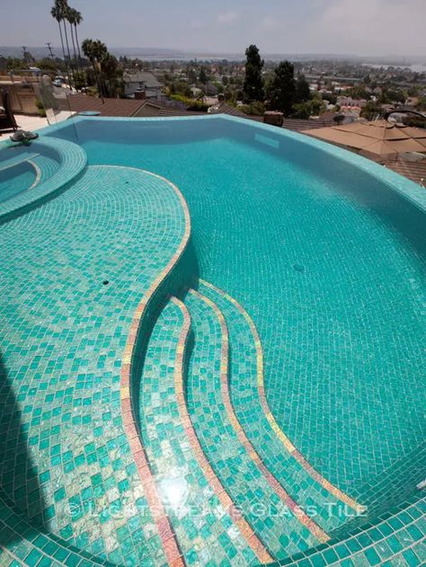 Aqua Pool Tile, Turquoise Pool Tile, Baja Shelf, Tile Pool, Glass Pool Tile, Pool Finishes, Swimming Pool Tiles, Pool Steps, Pool Remodel