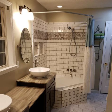 Corner Tub Shower Combo, Clawfoot Tub Ideas, Corner Bathtub Shower, Corner Tub Shower, Corner Jacuzzi Tub, Clawfoot Tubs, Tub Remodel, Mobile Home Renovations, Full Bathroom Remodel