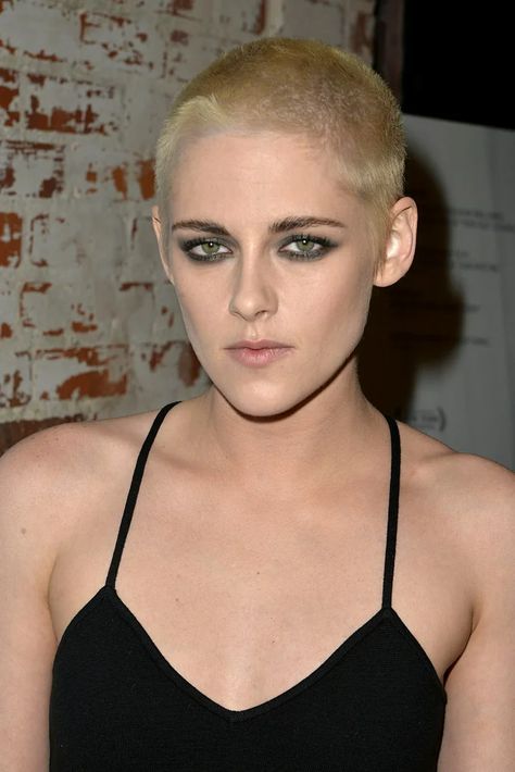 Kristen Stewart Blonde Shaved Head, Celebrity Hair Platinum Blonde Shaved Head, Blonde Shaved Head, Shaved Blonde Hair, Kristen Stewart Shaved Head, Shaved Blonde, Famous Blondes, Shave Her Head, Punk Hair, Kate Bosworth