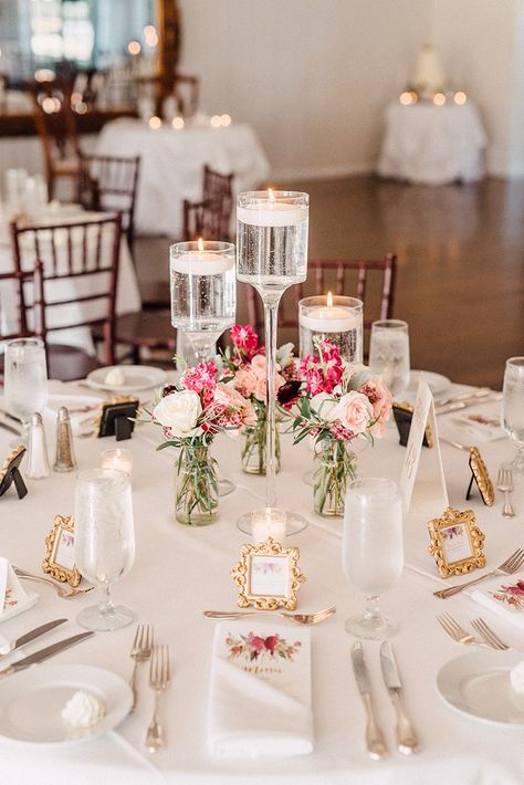 Simple Vase Wedding Centerpieces, Vintage Bud Vases Wedding Centerpiece, Simple Floral And Candle Centerpieces, Bud Vase Centerpiece With Candles, Bud Vases With Floating Candles, Flower Vase And Candle Centerpiece, Floating Candle Centerpieces With Bud Vases, Floating Candle With Flowers, Pink Bud Vase Centerpiece