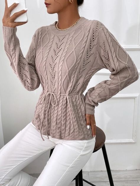 Cable Knit Eyelet Detail Drawstring Waist Sweater | SHEIN USA Dusty Pink Fabric, Lantern Sleeve Sweater, Plus Size Spring, Women Sweaters, Drop Shoulder Sweaters, Plus Size Fashion For Women, Round Neck Sweaters, Ribbed Knit Sweater, Online Dress Shopping