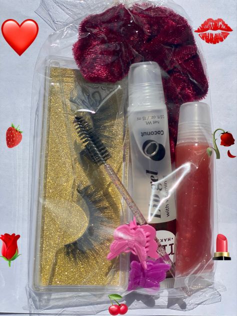 Beauty Goodie Bag Ideas, Lash Gift Bag Ideas, Lash Goodie Bag, Lash Goodie Bag Ideas, Cherry Lip Gloss, Goodie Bag Ideas, Red Scrunchie, Edge Brush, Cherry Lips