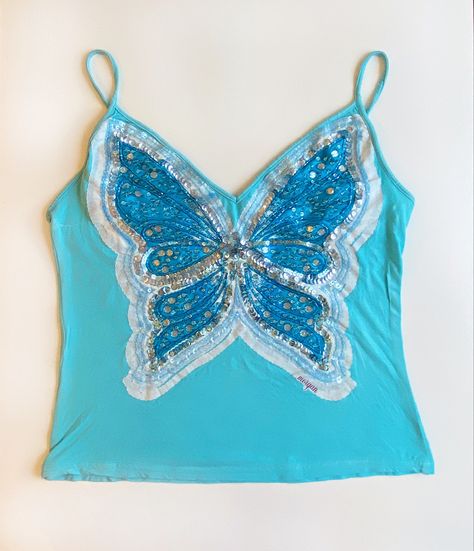 Blue 2000s Outfit, Butterfly Aesthetic Outfit, Blue Butterfly Outfit, Glitter Outfit Aesthetic, Y2k Blue Outfit, Thrift Lookbook, Butterfly Top Outfit, Y2k Butterfly Top, Winx Core