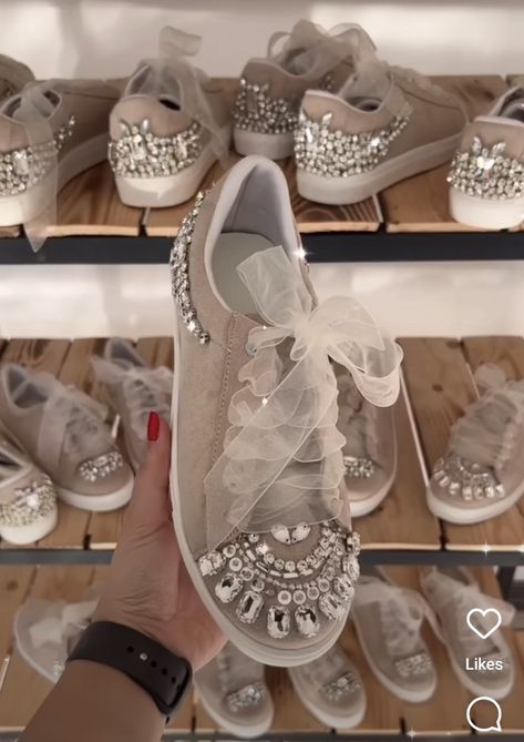 Shoe Decoration Ideas, Upcycle Shoes, Bedazzled Shoes Diy, Bridal Sneakers, Bedazzled Shoes, Custom Sneakers Diy, Shoe Makeover, Diy Sandals, Diy Sneakers