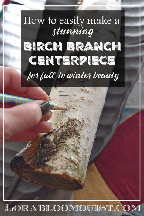 How to drill holes for votive candles in a birch branch to create a lovely rustic centerpiece for Fall to Winter beauty. Birch Tree Diy Projects, Birch Log Decor Diy Projects, Tree Branch Centerpieces Diy, Fall To Winter Decor, Diy Tree Branch Decor, Birch Branch Ideas, Wood Branch Decor, Birch Bark Crafts Diy, Diy Branch Centerpieces