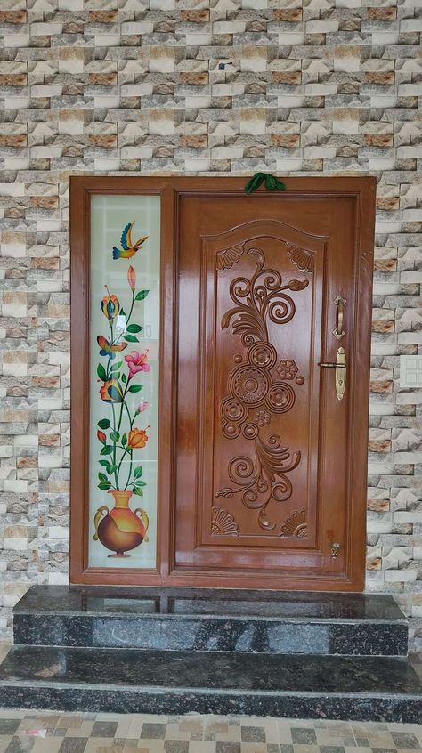 Mani Doors Design, Entrance Wooden Door Design, Indian Main Door Designs, Single Main Door Designs, Teak Doors, Latest Door Designs, Window Glass Design, Glass Etching Designs, Door Design Ideas