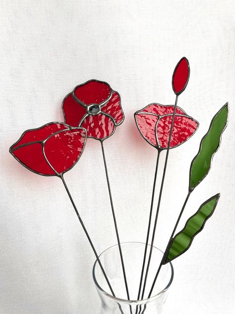 Redpoppy Bouquet,set of 6 Stems,stained Glass Flowers,everlasting Bouquet,stained Glass Poppies Bouquet,flowers Plant Stake - Etsy Canada Poppies Bouquet, Art Glass Ornaments, Everlasting Bouquet, Stained Glass Flower, Poppy Bouquet, Very Beautiful Flowers, Tiffany Art, Tiffany Stained Glass, Stained Glass Decor