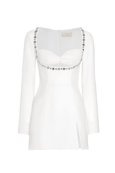 WHITE CELINE MINI EMBELLISHED CREPE MINI DRESS | Monika Dimova | CULT MIA Sunmer Dresses, White Party Outfit, Celine Dress, Metallic Clutch, Dress Party Night, Normal Clothes, All White Outfit, Iconic Dresses, Fashion Tv