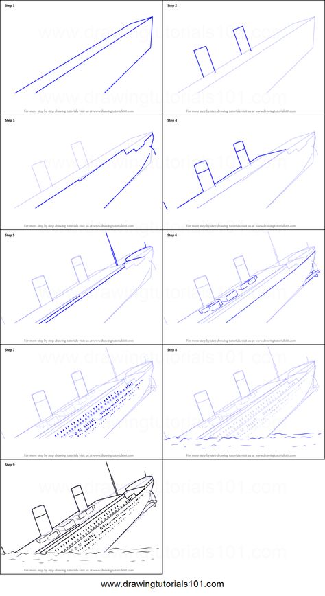 How to Draw Titanic Sinking printable step by step drawing sheet : DrawingTutorials101.com Ship Sinking Drawing, Titanic Drawing, Titanic Boat, Sink Drawing, Car Drawing Pencil, Titanic Art, Titanic Sinking, Cars Drawing, Titanic Ship