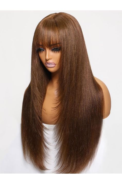 Nadula Hair Brown Yaki Straight Human Hair Glueless Wigs #4 Layer Cut Bang Wigs with 4x4x2 Lace, 100% Virgin Hair Chocolate Brown Wigs with Bangs for Women No Glue 150% Density 20inch Hair Chocolate Brown, Bang Wigs, Nadula Hair, Bang Hair, Layer Cut, Bangs For Women, Wig Ideas, How To Cut Bangs, Glueless Wigs