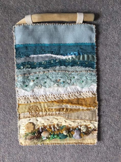 Wall Hanging Textile Fabric Art, Seaside Textile Art, Slow Stitching Landscapes, Mixed Media Wall Hanging, Scrap Fabric Wall Hanging, Slow Stitch Wall Hanging, Slow Stitching Ideas Textile Art, Ocean Textiles, Slow Stitching Textile Art