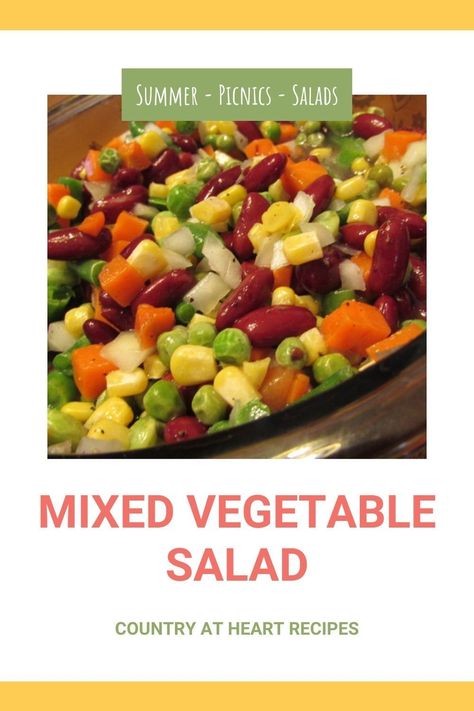 Try this Mixed Vegetable Salad when you're looking for a cold dish to serve with dinner. It's quick and easy and a nice variation on 3-Bean Salad. The sweet vinegar dressing and bright color is perfect for any summer barbecue or picnic. #mixedvegetablesalad #mixedvegetables #sidedishes #salads #kidneybeans #vinegardressing #picnics #barbecues #countryatheartrecipes https://countryatheartrecipes.com/2017/06/mixed-vegetable-salad/ Mixed Vegetable Salad Recipes, Mix Vegetable Recipe, Best Coleslaw Recipe, Veggie Salad Recipes, Lettuce Recipes, Grilled Foods, Marinated Vegetables, Recipes Salads, Vegetable Salad Recipes