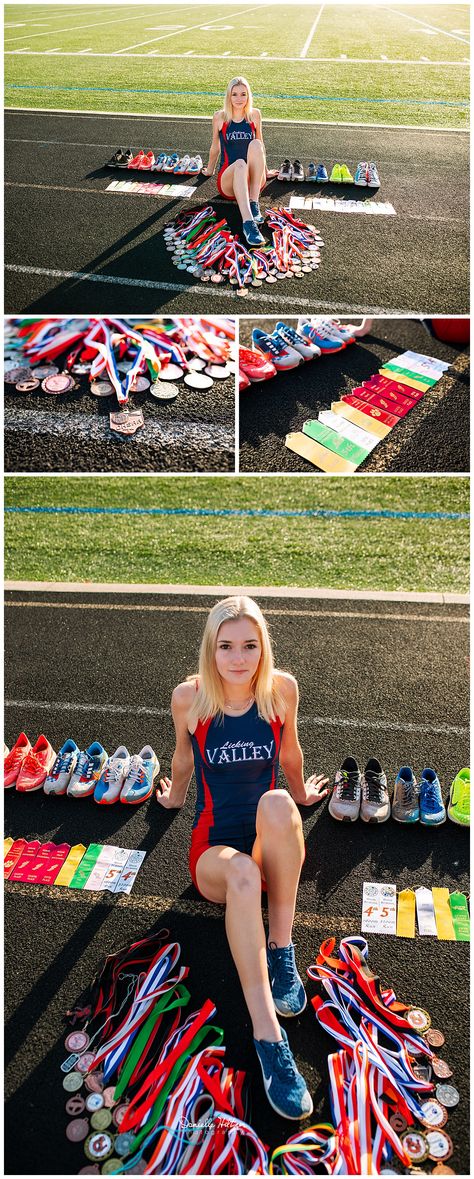 girl sitting on a track with running shoes, ribbons and medals surrounding her Athletic Pictures Photo Ideas, Track Senior Pictures Runners, Disney Senior Pictures Photo Ideas, Senior Picture Ideas For Runners, Senior Picture Ideas With Medals, Senior Picture Ideas Athletes, Pole Vault Senior Pictures, Senior Pictures With Medals, Cross Country Picture Poses