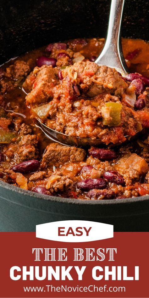 Chunky Chilli Recipe, Hearty Beef Chilli, Chili With Chunks Of Meat, Chilli With Stew Meat, Chili Recipe With Beef Chunks, Chunky Beef Chili Recipe, Beef Stew Meat Chili, Chilli Healthy, Chunky Chili Recipe