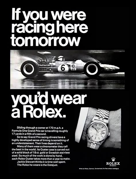 Classic #Rolex #Day-Date ad featuring #F1 champion Jackie Stewart Rolex Ads, F1 Girl, Watch Ads, Jackie Stewart, Rolex Tudor, Grand Prix Racing, Grand Prix Cars, Vintage Poster Design, Parisian Vibes