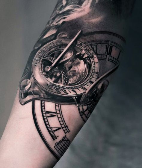 Sundial Clock Tattoo For Men Tato Jam, Biomech Tattoo, Tato 3d, Best 3d Tattoos, Steampunk Tattoo, Compass Tattoo Design, Clock Tattoo Design, Tattoo Trend, Map Tattoos